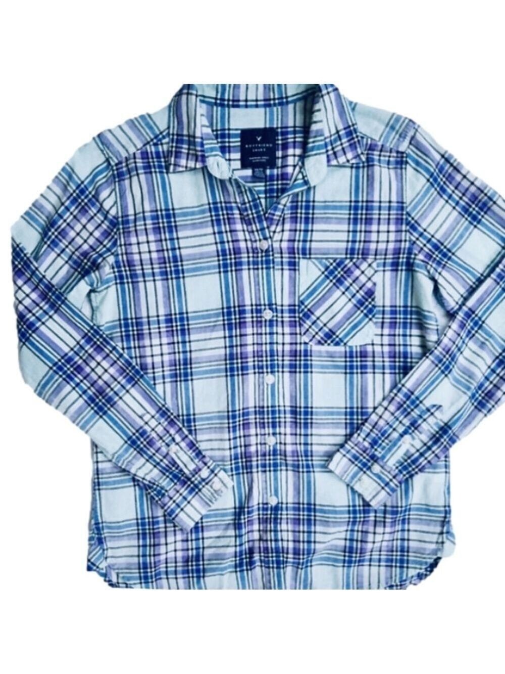 American Eagle Teal Purple And Blue Plaid Boyfriend Button Down Shirt - Picture 3 of 6
